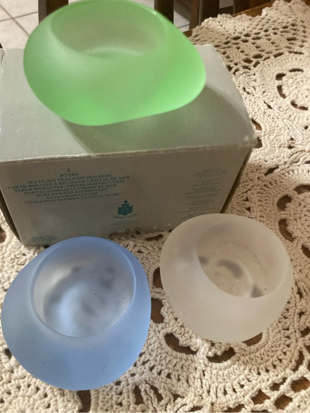 PartyLite Frosted sea glass Tea Light Holders in Blue, Green, and White